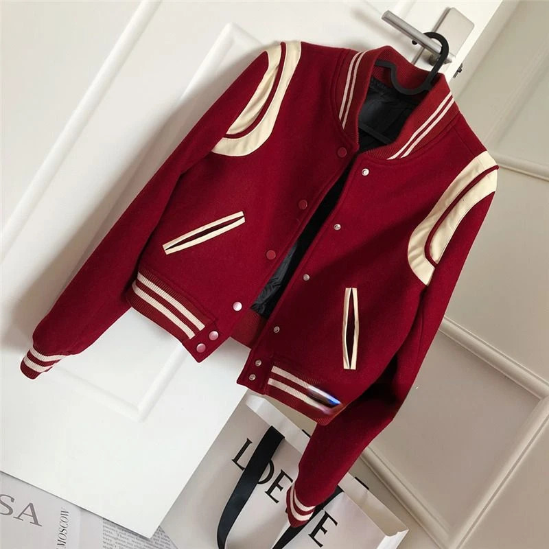 Streetwear red bomber jacket womens sports shirt baseball jersey stand up collar jacket loose jacket long sleeved Harajuku crop top 241029