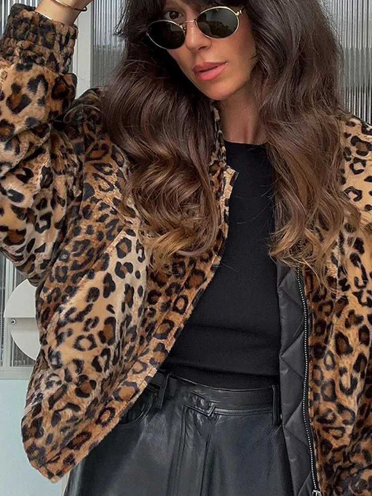 Women's Jackets Women Fashion Leopard Print Bomber Jacket Casual Loose Long Slve Zipper Cropped Coat 2024 Autumn Lady High Strt Outerwear Y241029
