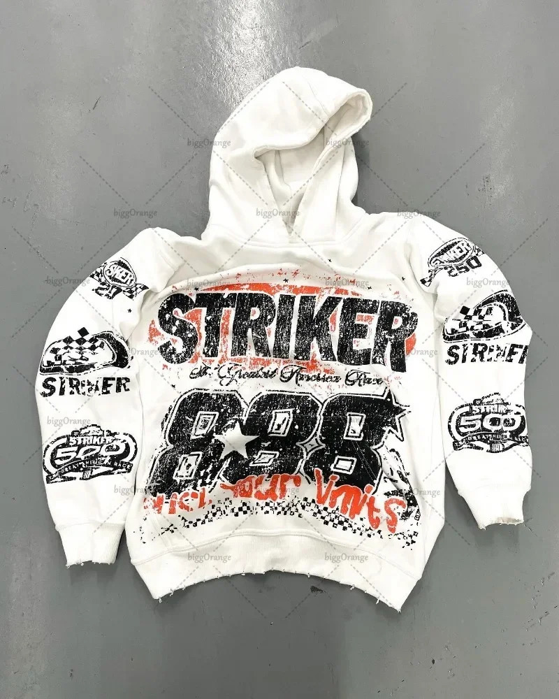 Black letter 888 printed pullover hoodie American retro street style for men and women fashion trendy loose hiphop sweatshirt 241028