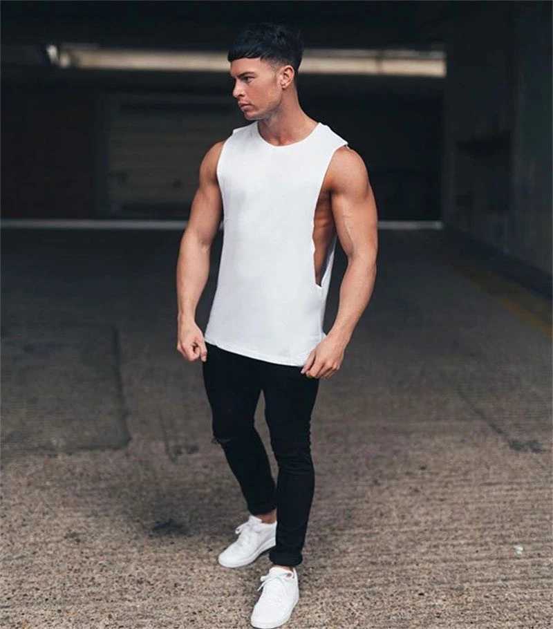 Mens Casual Fashion Tank Top Gym Workout Cotton Slveless Shirt Summer Clothing Male Extend Long Singlet Hip Hop VestC241029