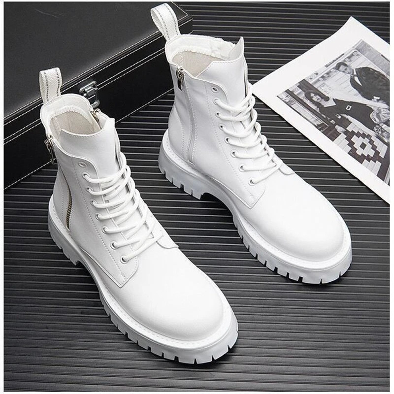 White Men Casual boots Punk High Tops Motorcycle Ankle Boots Height Increasing shoes Zapatillas Hombre 241028