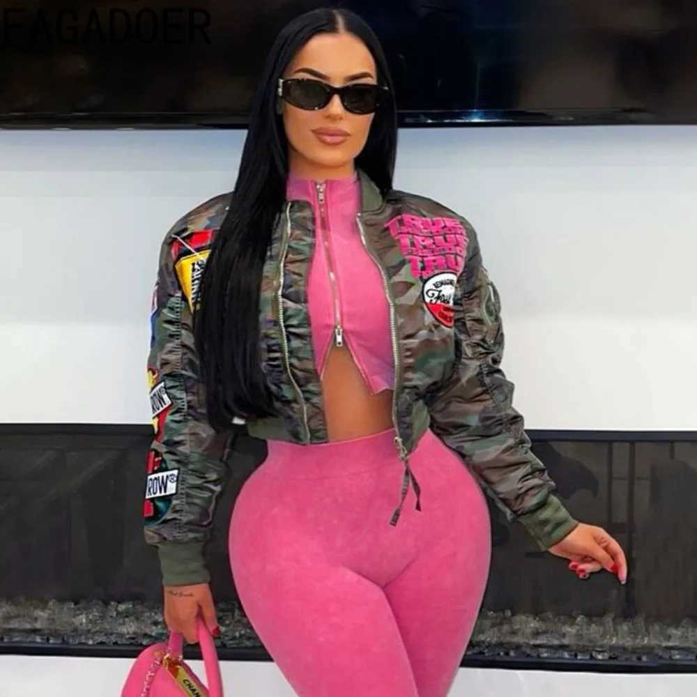 Tracksuits FAGADOER Womens Autumn New Camouflage Baseball Bomber Jacket Womens Y2k Pattern Printed Strt Coat Zipper Motorcycle Coat Hot Girl Clothin Y