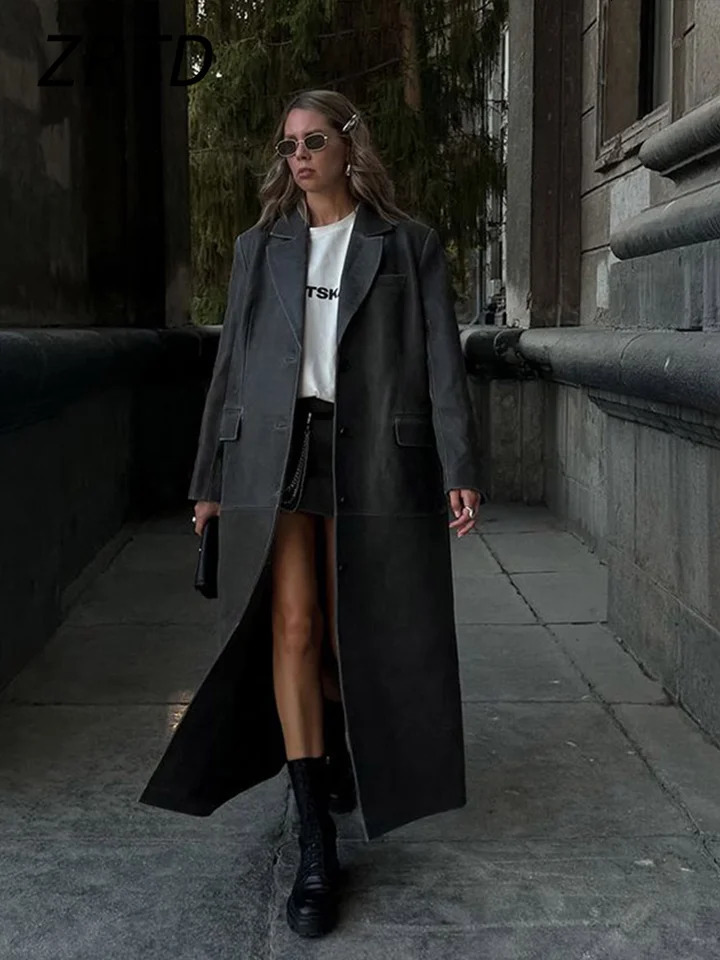 Solid leather coat for women on the street loose collar single chest full sleeve long coat autumn and winter womens chic trench coat 241025