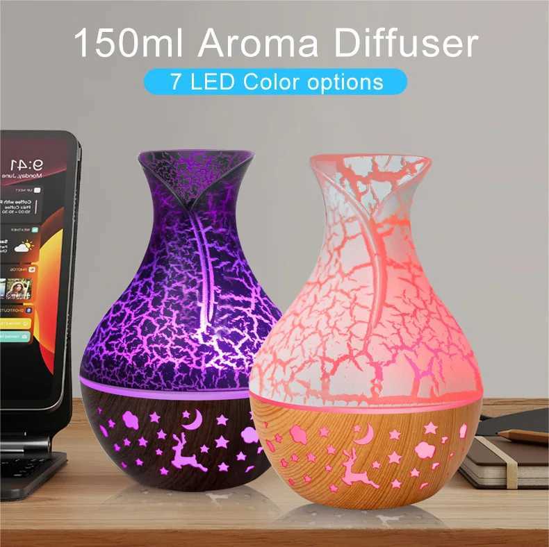 150ml new Vase air humidifier hollow wood grain aramid essential oil diffuser 7-color LED light Y241104