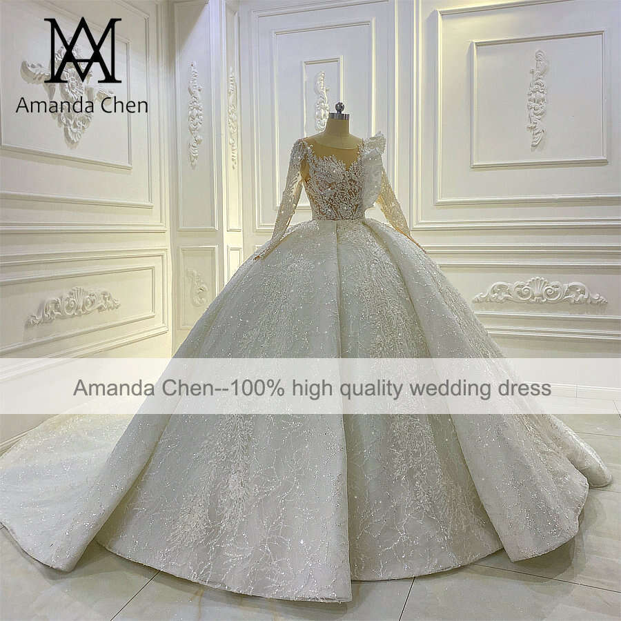 New Design Long Sleeve Lace Appliqued See Through Wedding Dress