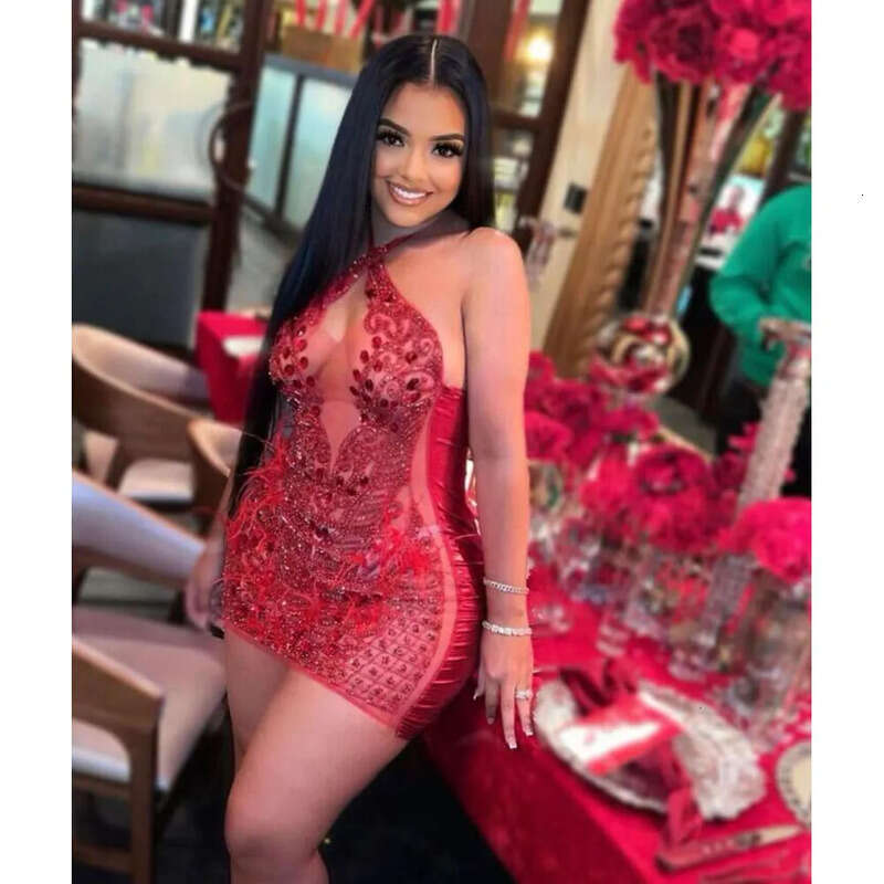 Red Sexy Short Prom Party Queen Dresses Sparkly Dia Crystal Halter Feather Sheer Mesh Mini Birthday Gown For Black Girl 0603
