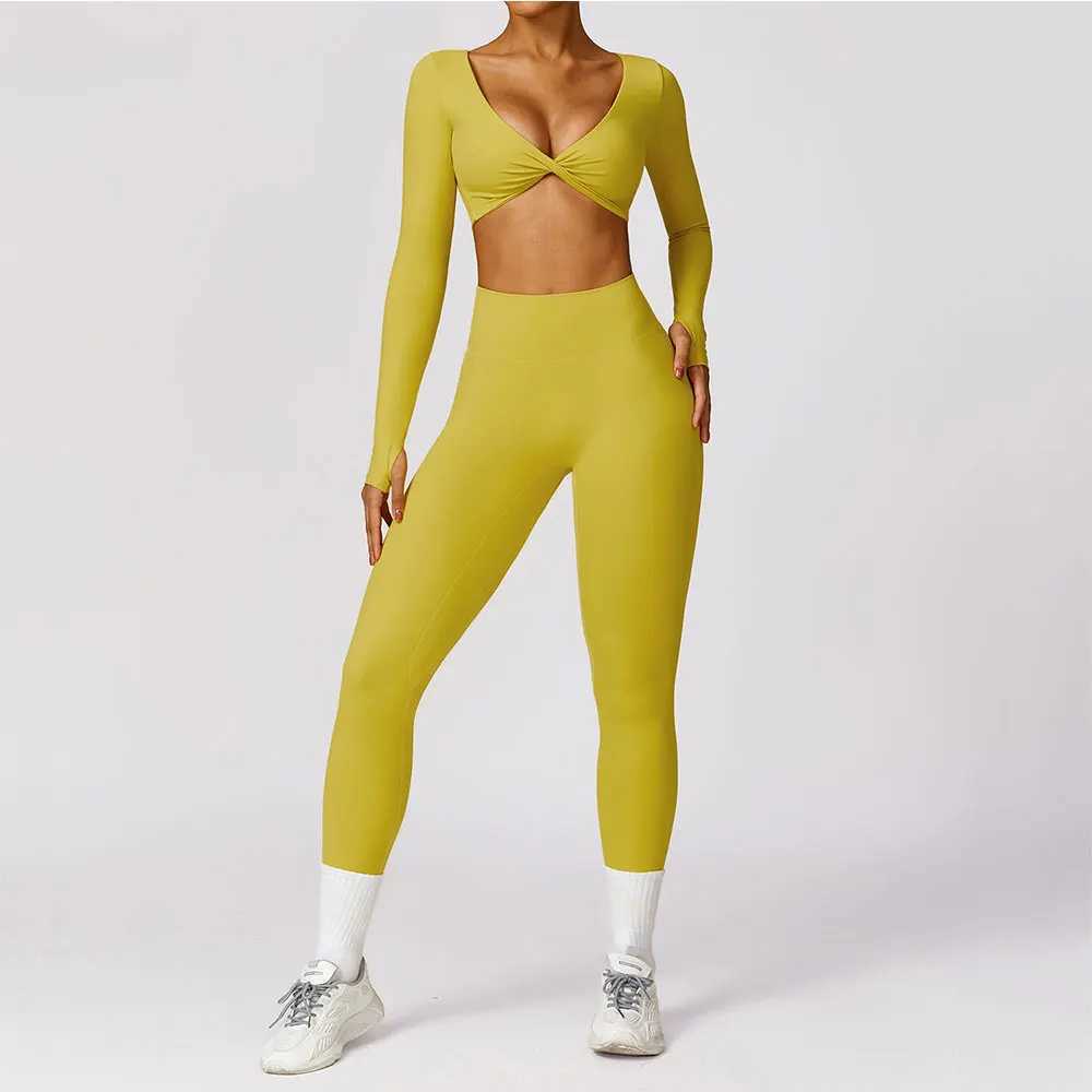 Women's Tracksuits Women 2PCS Workout Outfits Sets Gym Clothes Sportswear Tracksuit Long Slve Crop Top Leggings Stretch Sports Bra Fitness Y24102