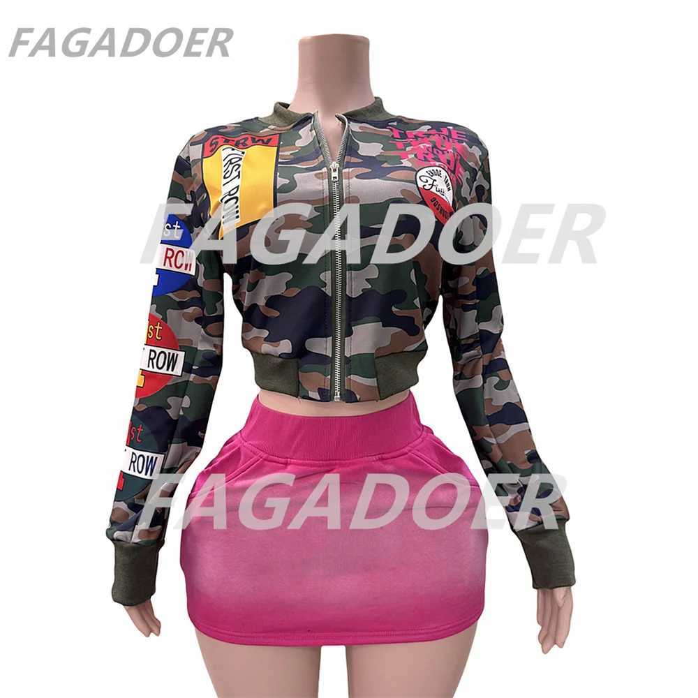 Tracksuits FAGADOER Womens Autumn New Camouflage Baseball Bomber Jacket Womens Y2k Pattern Printed Strt Coat Zipper Motorcycle Coat Hot Girl Clothin Y