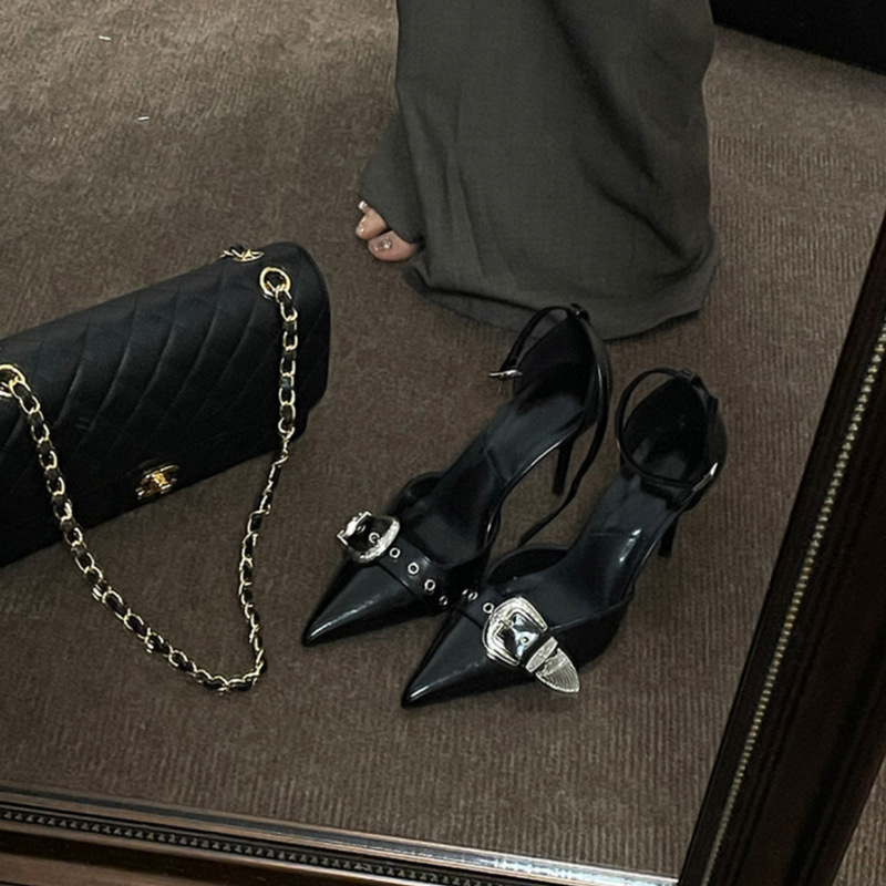 European and American Black Pointed Spring Summer Fine Heel Metal Buckle High Heels