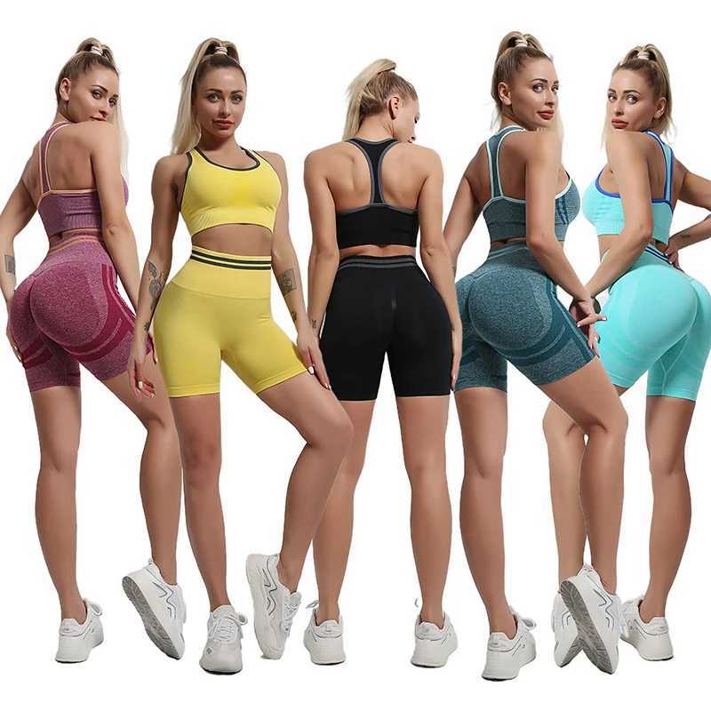 Women's Tracksuits Seamless Sport Set Women Sexy Bra Shorts Sportswear 2 Pieces Stripe Patchwork Workout Outfit Fitness Suit Gym Clothing Y241029