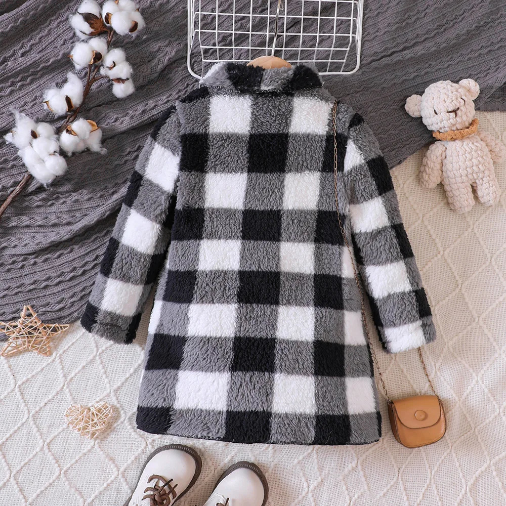 Kids Casual Coat for Girls Clothes Autumn Winter Child Long Sleeve Plaid Fur Thicken Long Outwear Knitwear not Include 241028