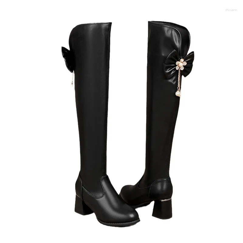 Boots Designer Pointed Toe Women Knee High 2024 Fashion Back Bowknot Long Thick Heels Autumn Winter Ladies Shoes b4ca