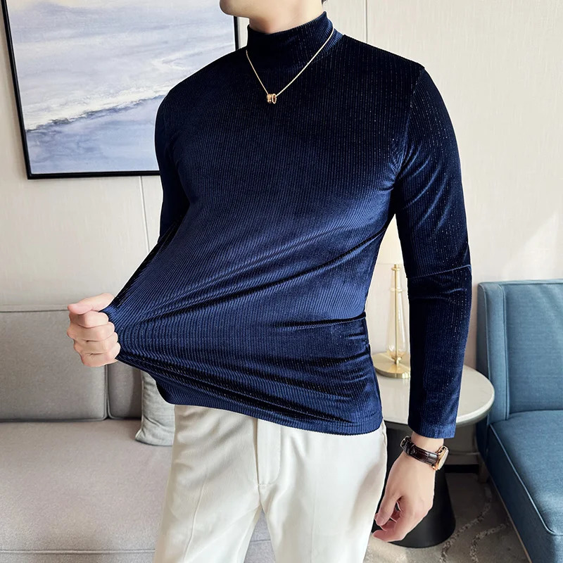 Mens high neck knitted sweater high-quality autumn and winter Korean velvet mens T-shirt slim fit casual striped T-shirt 241028