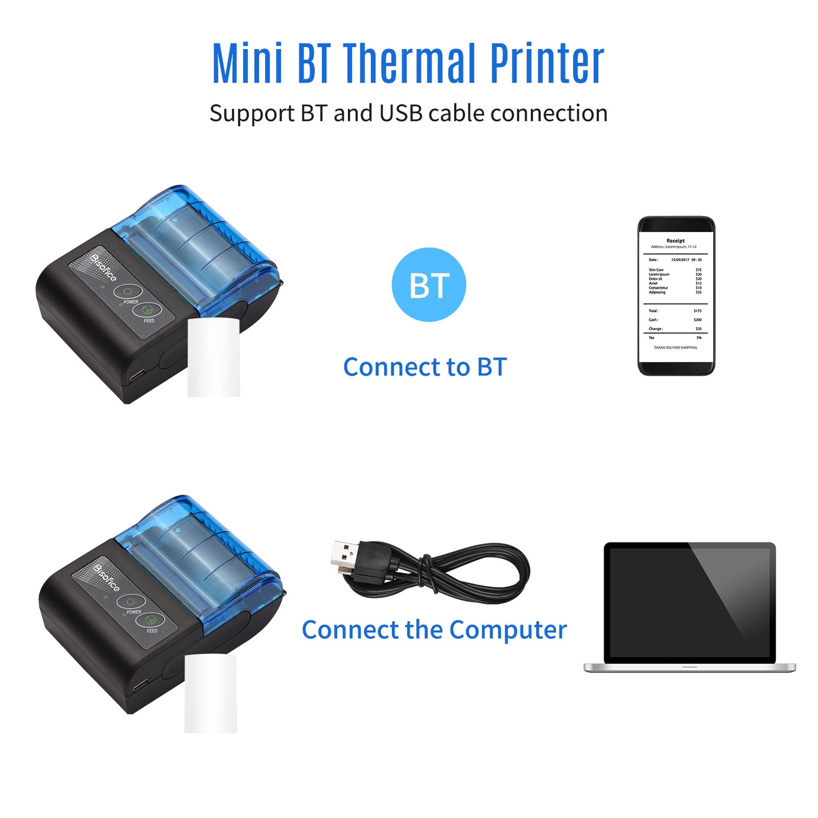 Bisofice portable mini thermal printer 2-inch wireless USB receipt and receipt printer with 58mm printing paper suitable for restaurants 241029