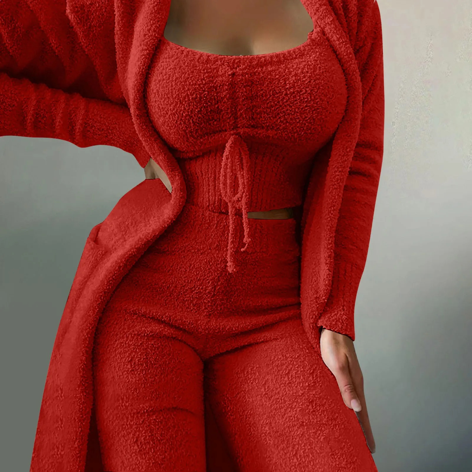WomenS Fleece 3 Pc Teddy Loungewear Spaghetti Strap Crop Tank Wide Long Pants Fuzzy Kimono Cozy Sweatsuit Set Ladies Pants Suit 241028