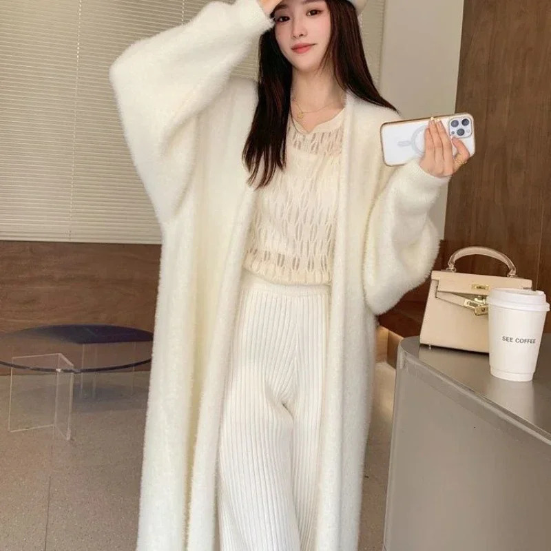 Deeptown Elegant Sweet Long Sweater Cardigan Women Korean Style Sweaters Coat Autumn Winter Solid Loose Casual Vintage Cardigan 241028