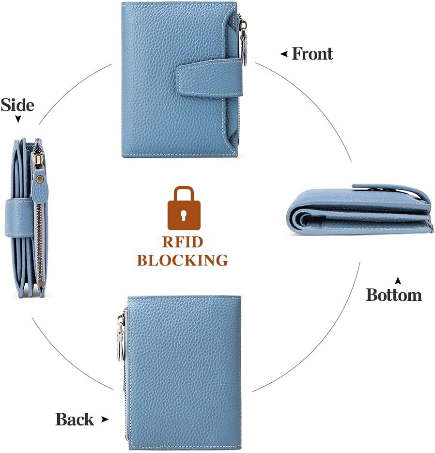 FALAN MULE Wallet Made of Genuine Leather Double Fold Compact RFID Shielded Small Women's Wallet, Aa blue,