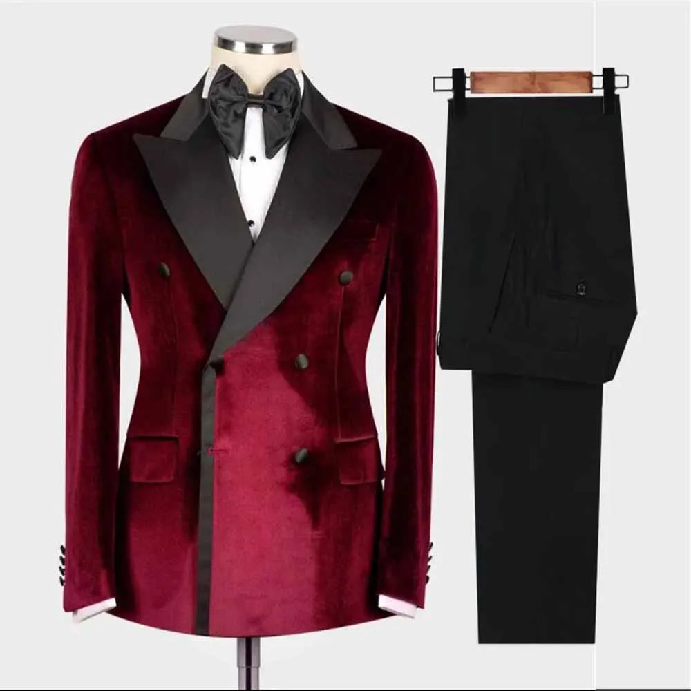 Elegant mens jacket double breasted velvet black lapel formal business 2-piece set jacket ultra-thin fit clothing mens 241028