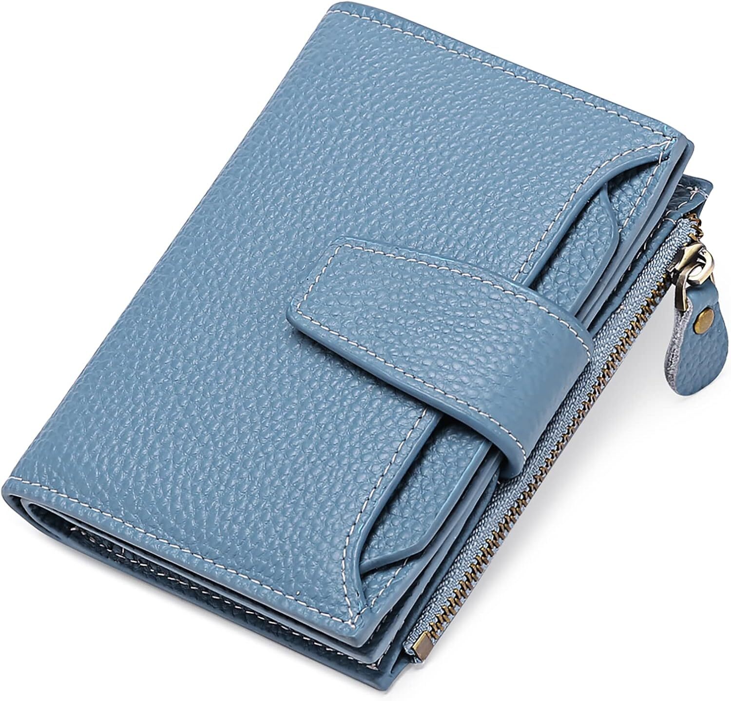 FALAN MULE Wallet Made of Genuine Leather Double Fold Compact RFID Shielded Small Women's Wallet, Aa blue,