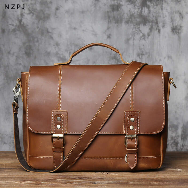 Vintage Men's Briefcase Crazy Horse Leather Handbag Casual Natural Cowhide Computer Shoulder Messenger Bag