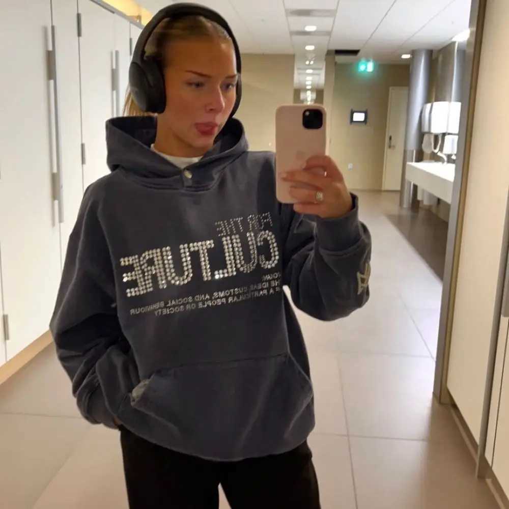 Men's Hoodies Sweatshirts Y2K Haruku Culture Crystal Hoodie 2024 New American Mens and Casual Loose Sportswear Womens Gothic Winter Clothing H241