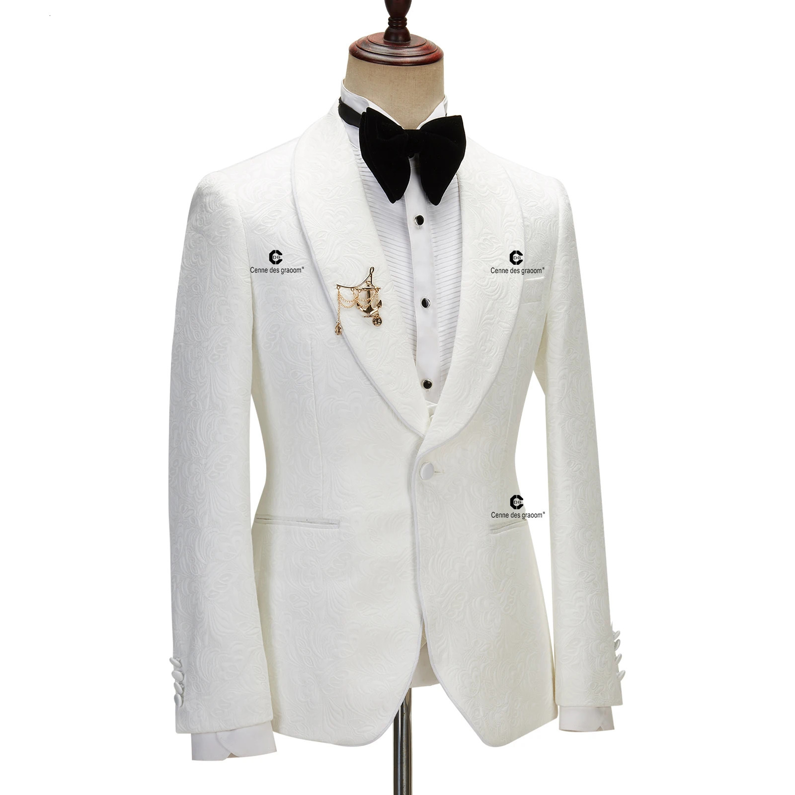 Cenne Des Graoom Mens Wedding Set Ivory Paisley Jacket Evening Dress Black Pants Satin Striped Slimming Shawl Collar 241028