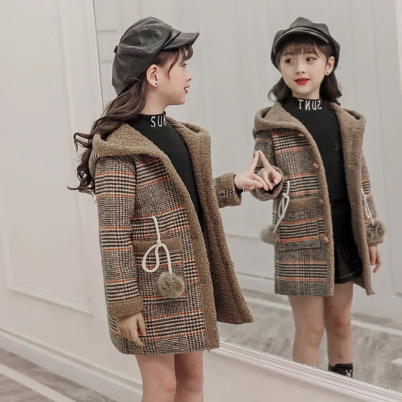 Fashion Autumn Winter parka Girl Hairy clothes Long Woolen Coat for Kids Outerwear Grid pattern Padded Warm clothing 241028