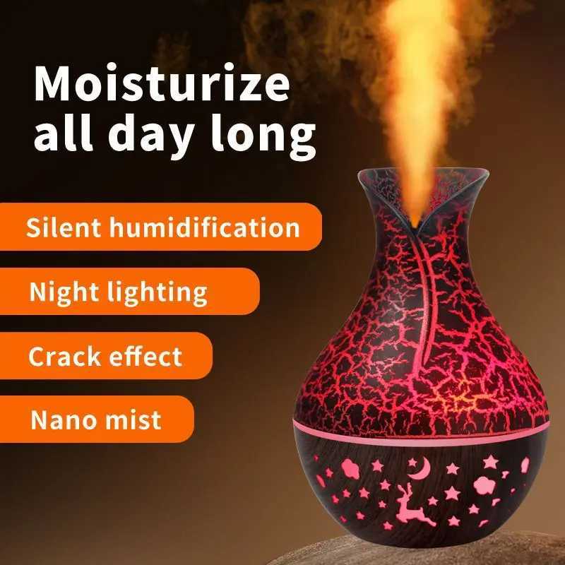 150ml new Vase air humidifier hollow wood grain aramid essential oil diffuser 7-color LED light Y241104
