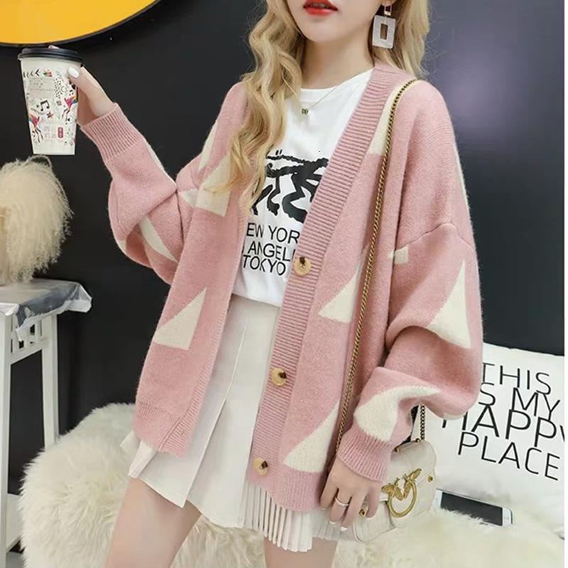 Autumn Winter New Lazy Style Sweater Cardigan Loose Sweet And Versatile Korean Version Internet Famous V Neck Knitted Jacket For Women F1029#38 a5c1f