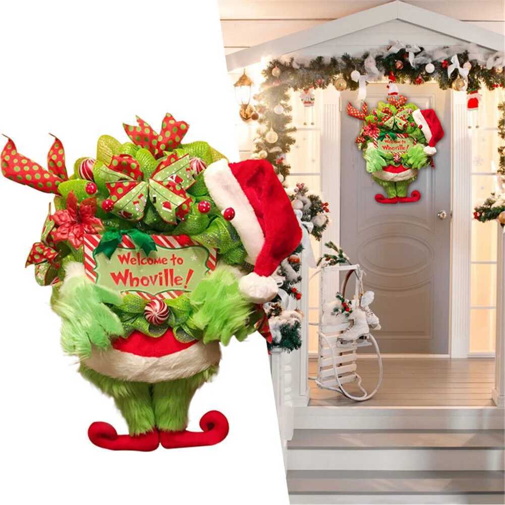 Green Hairy Monster hanging Ornament PLush The Thief Christmas Tree Decor Grinch Leg Wreath Door hanging New Year DecorationXJ241029