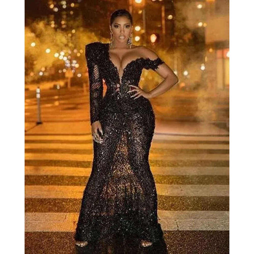 Black Sparkle Evening Dresses TV Star Porsha Williams Beaded One Shoulder Sleeve Lace Corset Sexy Engagement Dress Illusion Mermaid Prom Party Gowns C