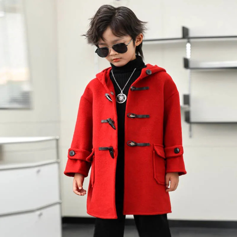 Boys Girls Windproof Outdoor Long Jacket Children Winter Red Green Wool Coat Kids Fromal Birthday Party Pography Woolen Coat 241028