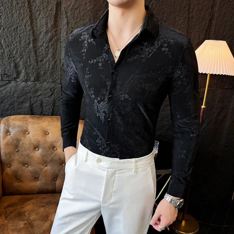 retro velvet mens autumn long sleeved slim casual shirt fashionable jacquard business social mens clothing 241028