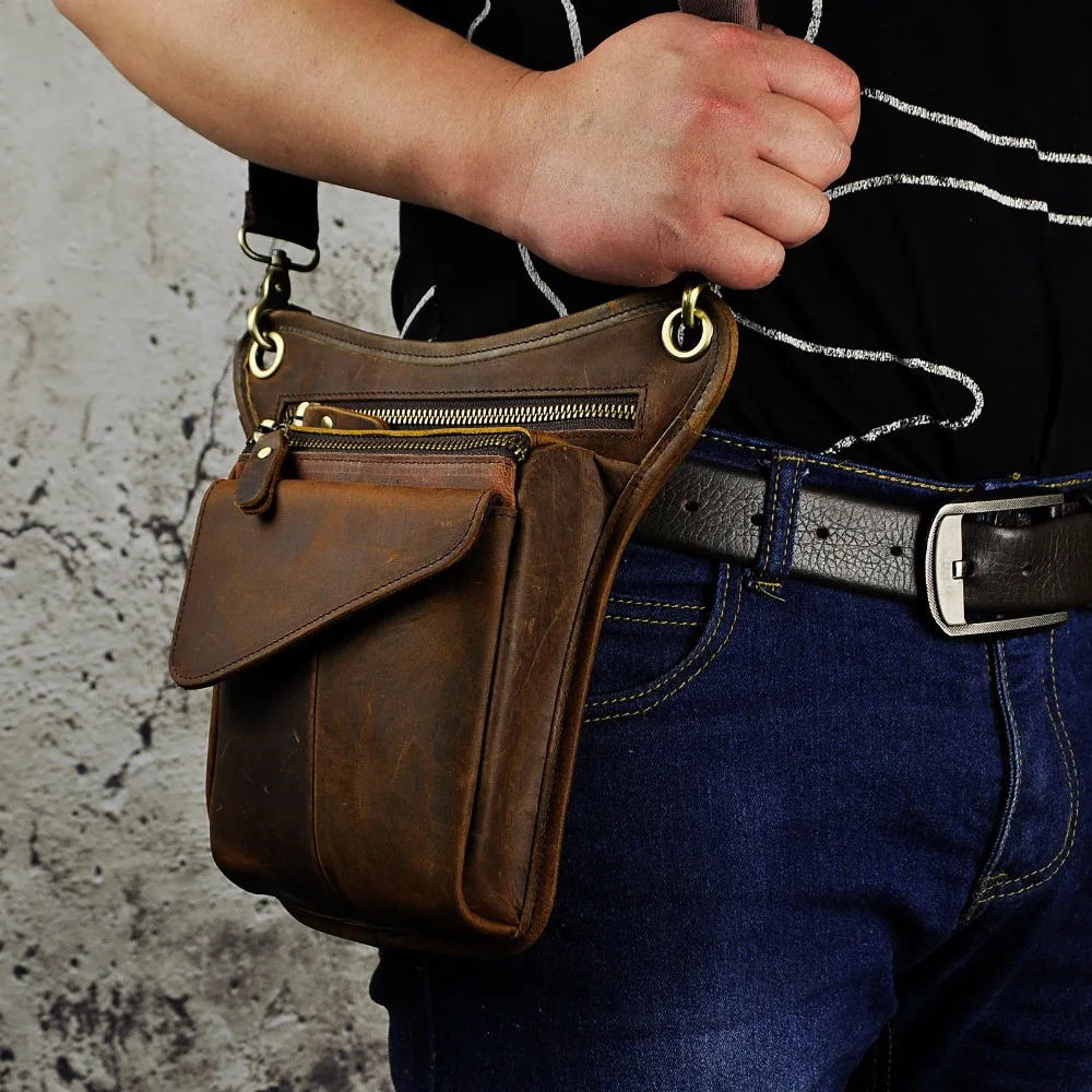 Quality Leather Men Casual Brown Classic Shoulder Sling Bag Multi-function Fashion Travel Waist Belt Pack Leg Bag 211-3 241028