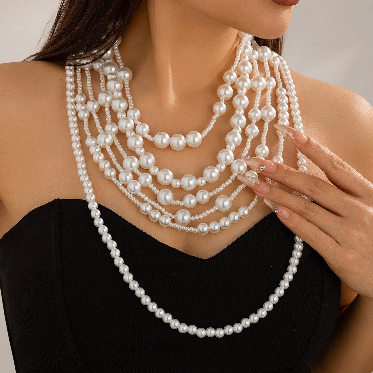 European and American Exaggerated Multi-layer Imitation Pearl Necklace Women's Dress Fashionable Bride's Small Fragrance Bead Necklaces Set