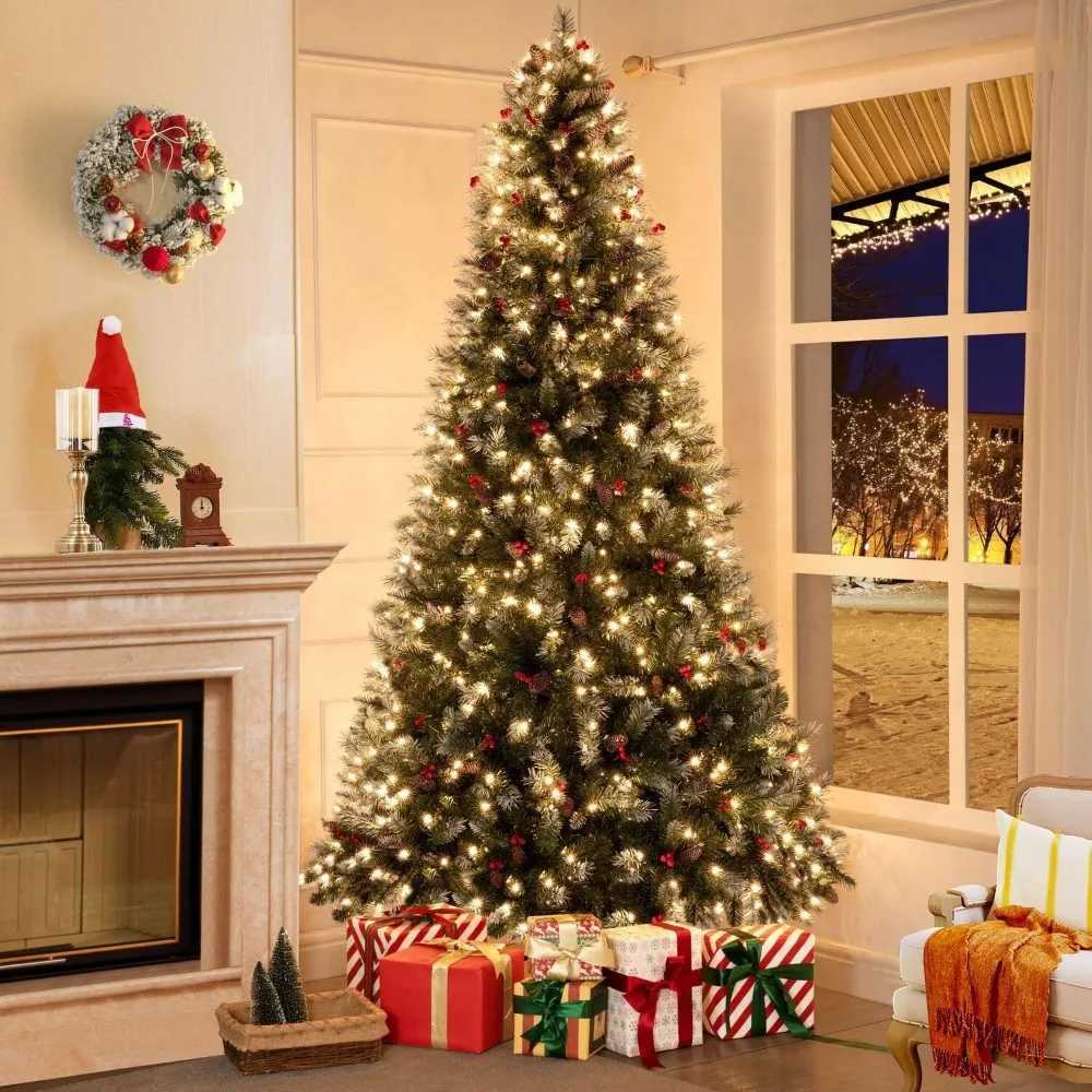 Matte Prelit artificial Christmas tree with pine cones artificial berries foot pedals 1346 branch tips 550 warm lights W241029