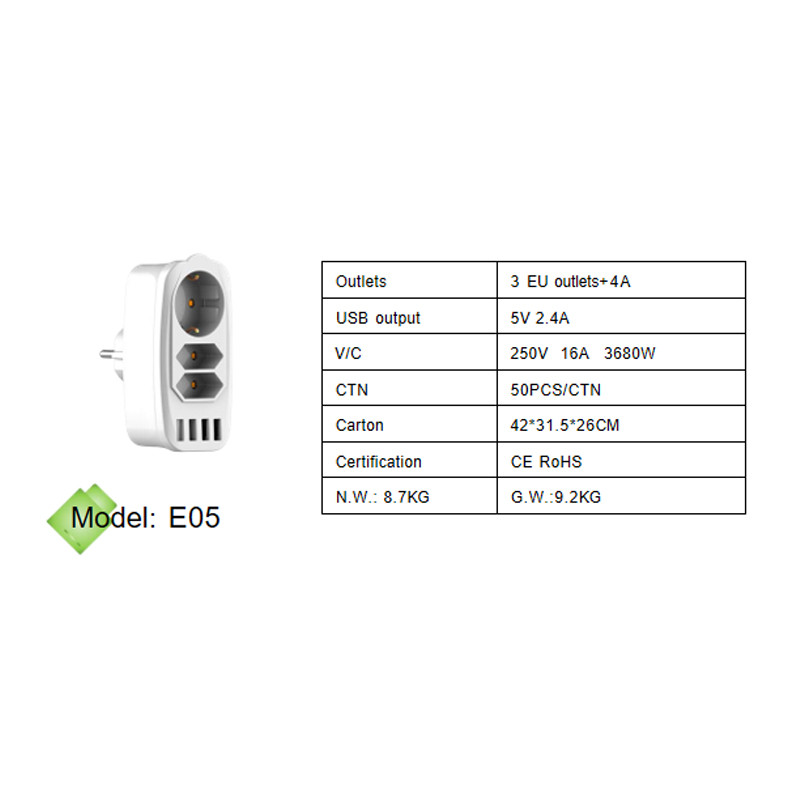 OEM 3 Way EU Standard Socket Power Socket 16A 250V European Power Board Wall Charger with 4 USB Ports Multifunction Plug