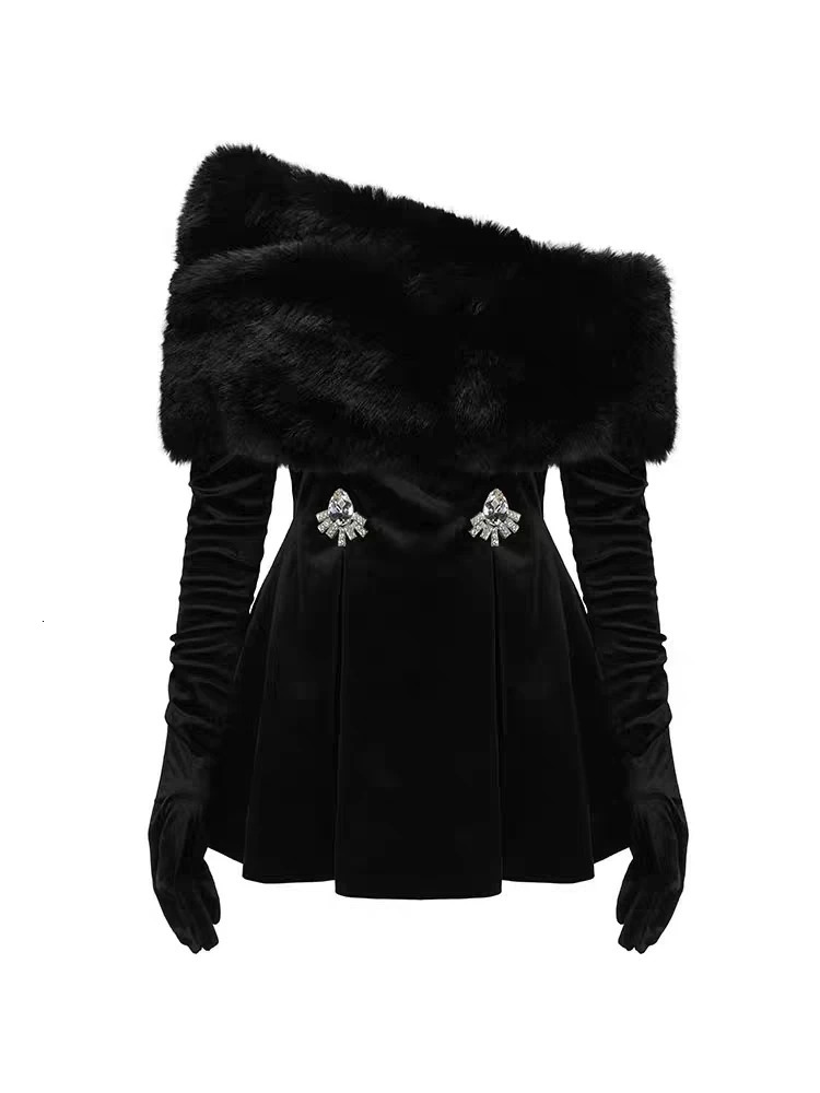 Year Party Red Velvet Dress Womens Autumn Winter Diamond Shoulder Detachable Fur Collar Christmas Dating Clothing 241028