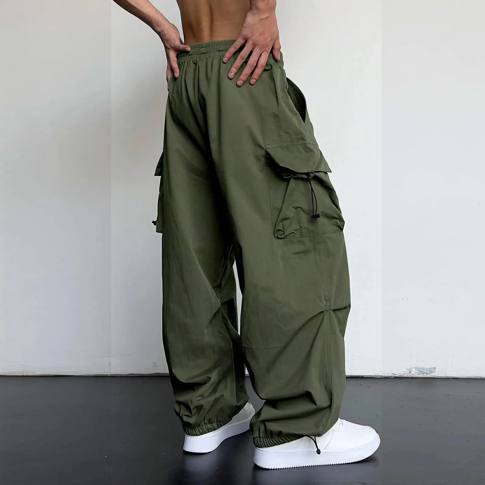 Army Green Mens Baggy Long Pants Casual Streetwear Solid Color Multi Pockets Cargo Pants Full Length Trousers Loose Cargo Pants 241028