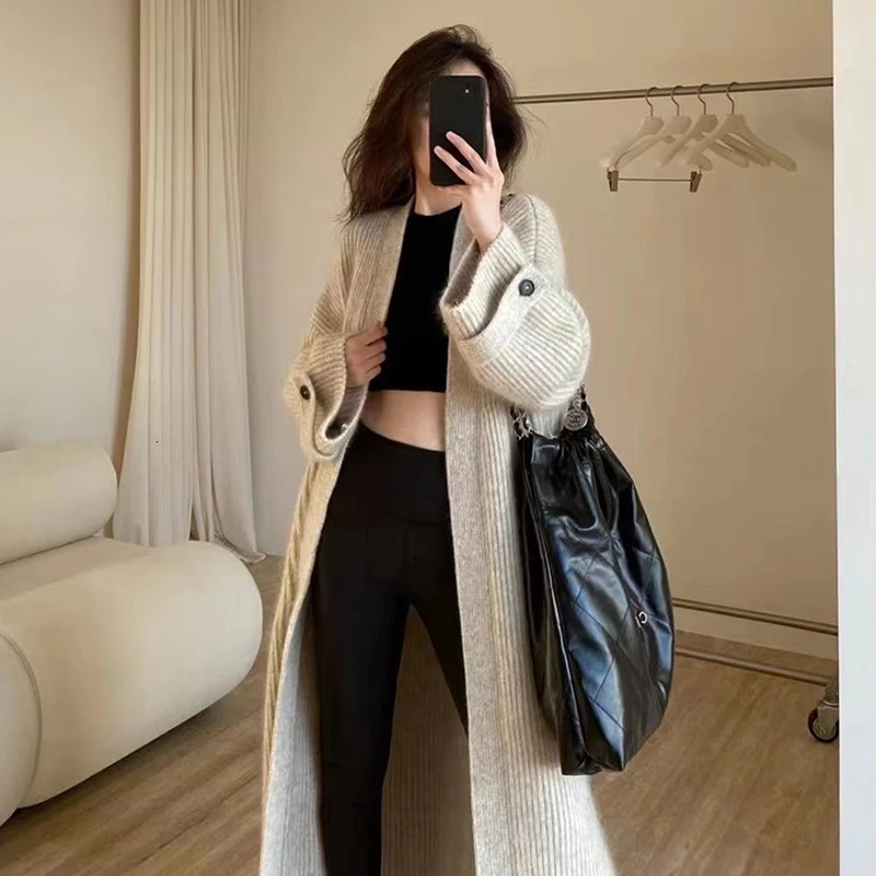 Long Sleeve Knit Sweater Cardigan Loose Long Coat Autumn Winter Women Clothing Casual High Street Vintage Simple Oversize Thick 241028