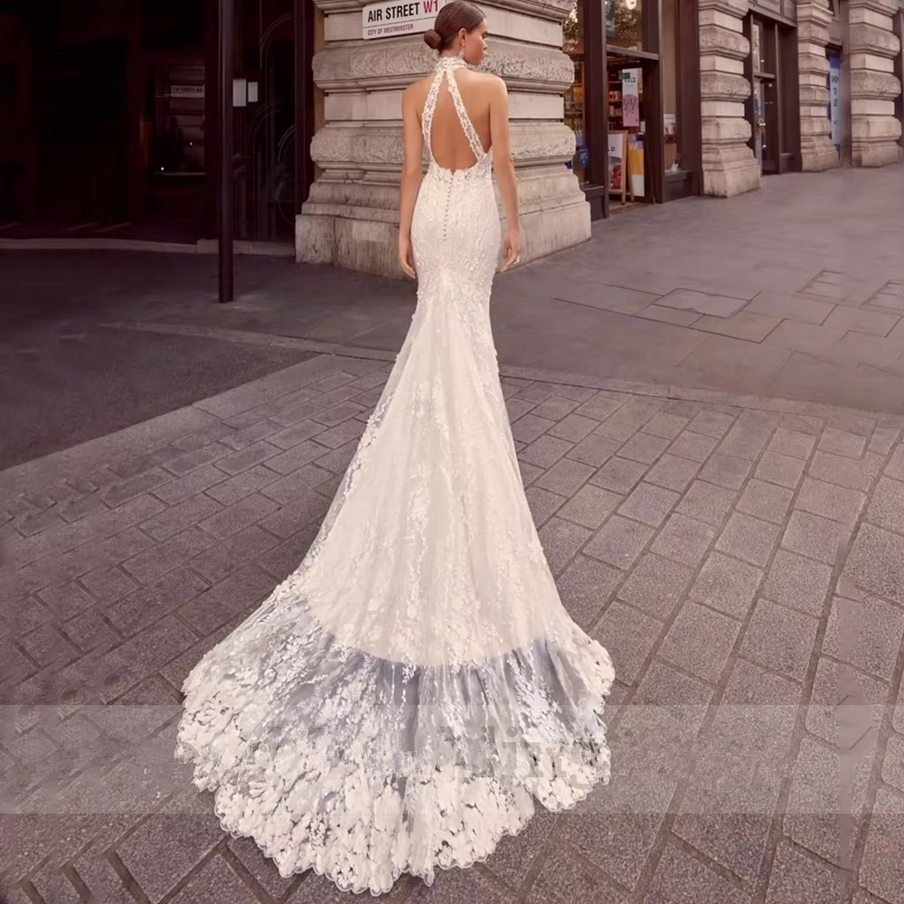 Neck Halter High Wedding Dress Sleeveless Mermaid Or Length With Lace Applique Sweep Train Sexy Backless Bridal Gowns