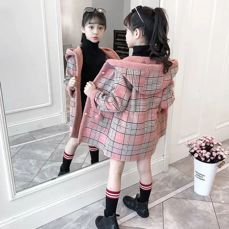 Fashion Autumn Winter parka Girl Hairy clothes Long Woolen Coat for Kids Outerwear Grid pattern Padded Warm clothing 241028
