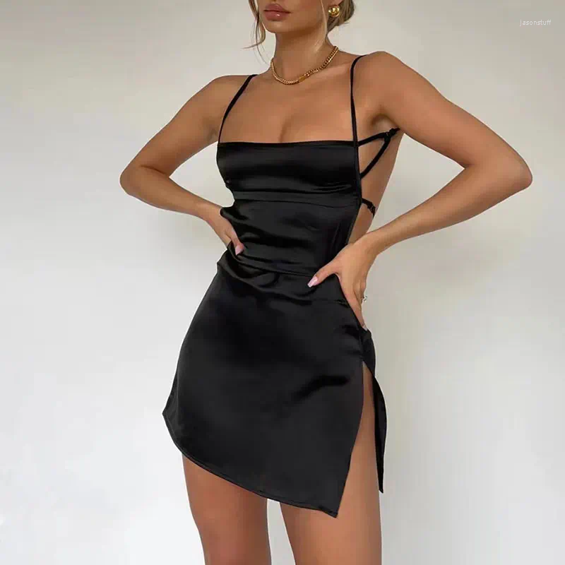 Casual Dresses Punk Summer Spaghetti Strap Mini Dress Women Sexy Slit Bodycon Club Party Backless Chic Satin Silky Black Short Sundress