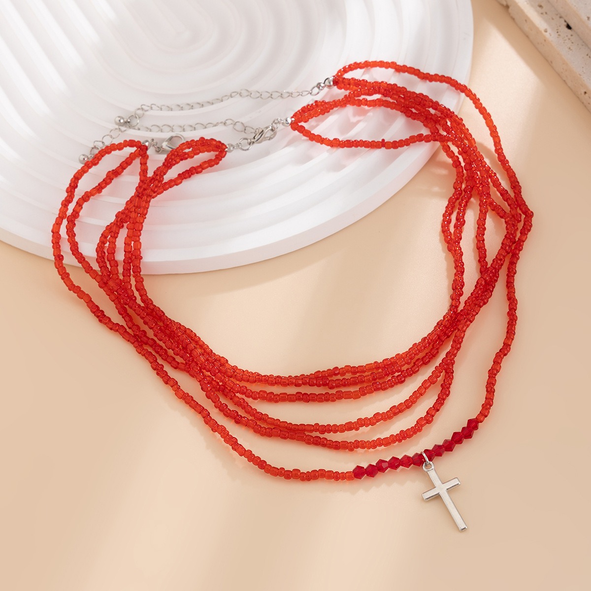 European and American Cross-border Jewelry Fashion 2-piece Set with Rice Beads Collarbone Chain High-end Red Multi-layer Integrated Necklace for Women