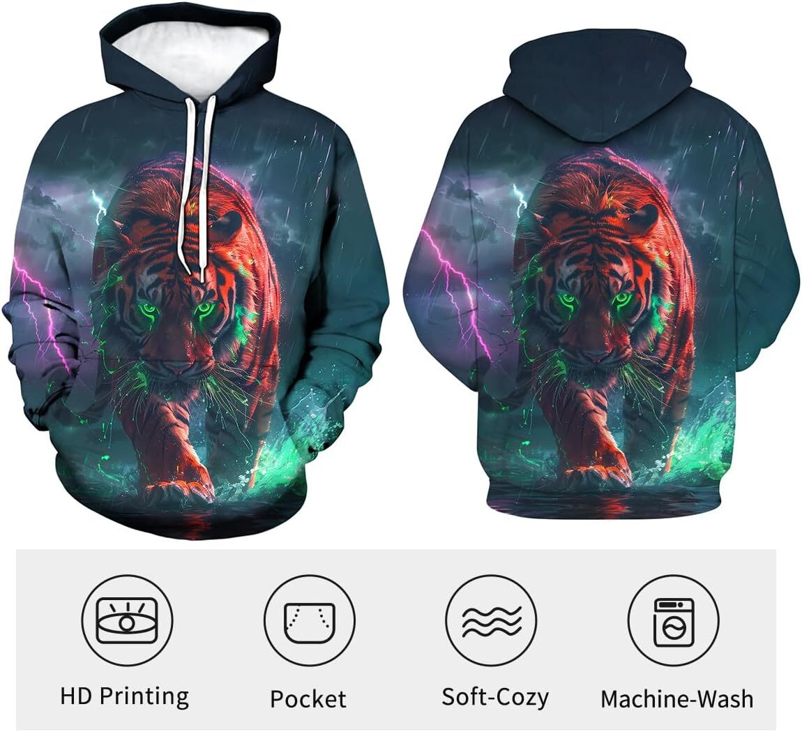 Hoodie for Mens Womens Novelty Cool Tiger Hoodie Funny Animal Graphic Sweatshirts Graphic Hoodies sweatshirt Fashion and leisure