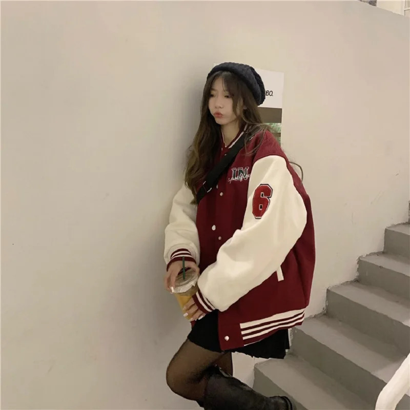 Y2k school team bomber jacket womens red brown Korean fashion winter jacket retro baseball jacket hip-hop street jacket 241029