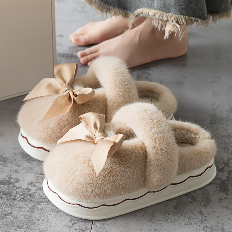 2024 New Autumn/Winter Plush Bow Slippers for Women's Home, Anti slip Thick Soft soled NEW hot Cotton Shoes, Free Shipping