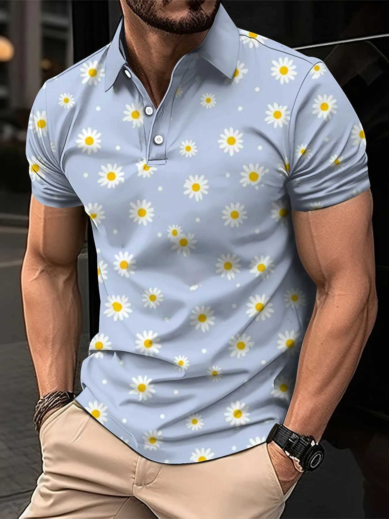 New Mens Polo Shirt Street Casual Short Sleeve Flower Print Buttons Tops Fashion Pullover Oversized Clothing Male Golf WearX241028