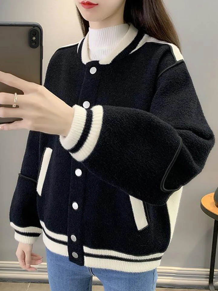 Autumn and Winter Womens Baseball Jacket Korean Loose Short Sleeve Jacket Womens Street Clothing Casual Jacket Womens 241029