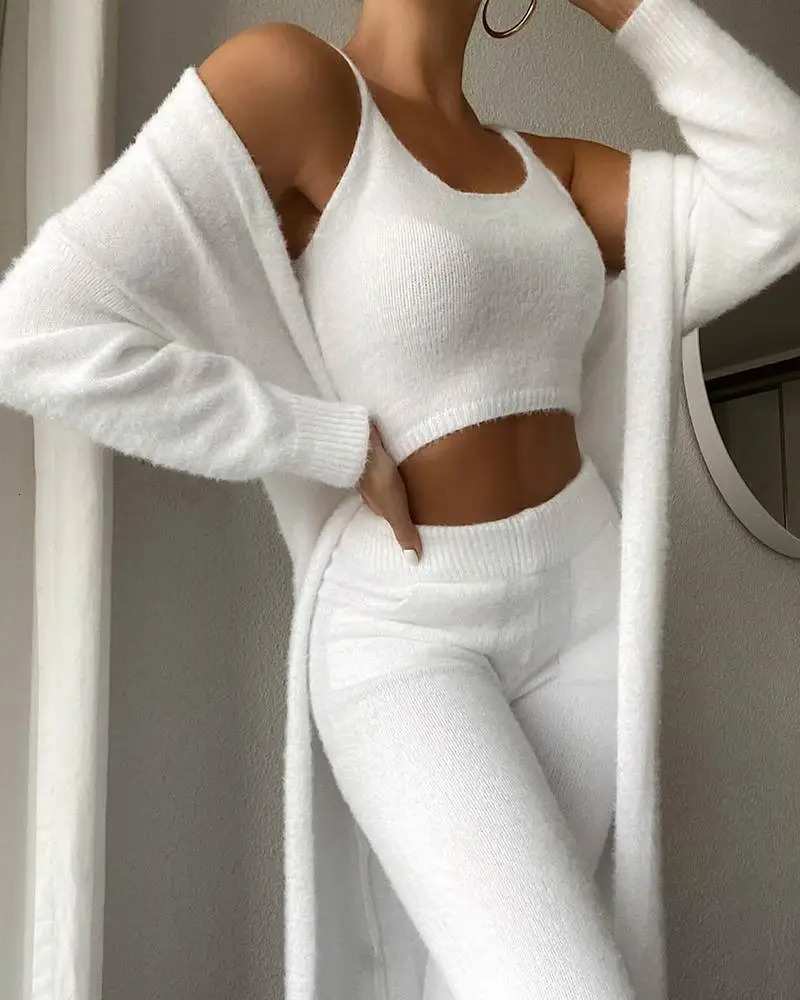Women Knitted Plush Comfy Outfit Set Lounge Wear Plush Crop Top And Cardigan And Long Trousers Pants Pajamas 3 Piece Set 241028